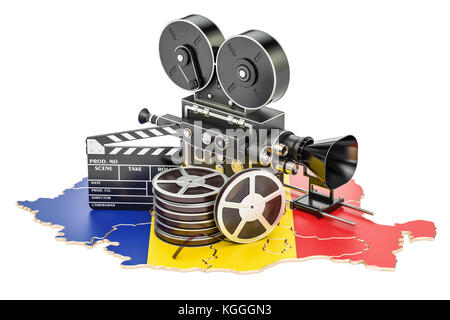 Rumänische Kinematographie, Filmindustrie Konzept. 3D-Rendering auf weißem Hintergrund Stockfoto