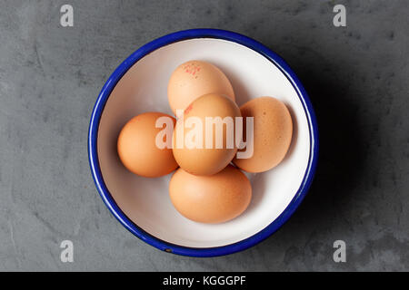 Fünf Hühner Eier in einem Emaille Schüssel mit einem blauen Rand Stockfoto
