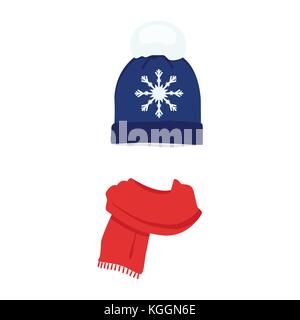 Vector Illustration winter Hut Cap mit Schneeflocke und pompom roter Schal flache Bauweise Stock Vektor