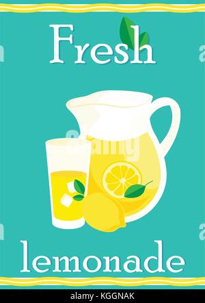 Poster mit Limonade Elemente Glas, Zitrone, Kanne, Minze frisch Schriftzug frische Limonade. Stock Vektor