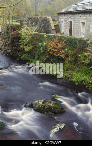 Blick auf Hebden Wasser an der Gibson Mühle, Hardcastle Crags, Heptonstall, West Yorkshire, England, Oktober Stockfoto