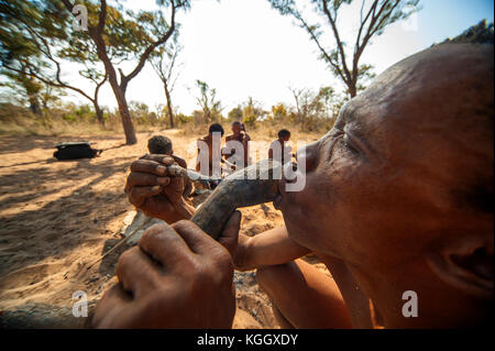 Ju/'Hoansi oder San Buschmänner Jäger Rauchen in ihrem Dorf, grashoek. Sie sind Mitglieder der verschiedenen indigenen Jäger-sammler Volk von Namibia Stockfoto