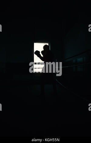 Silhouette von jungen männlichen erwachsenen Boxer mit den Armen in der Luft vor ihm, schwarzer Hintergrund, Fenster Silhouette Stockfoto