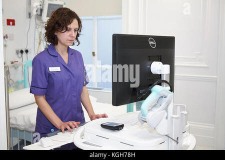 Eine Krankenschwester Prüfen von Informationen auf einem Computer in einem Krankenhaus. Stockfoto