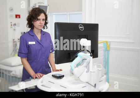 Eine Krankenschwester Prüfen von Informationen auf einem Computer in einem Krankenhaus. Stockfoto