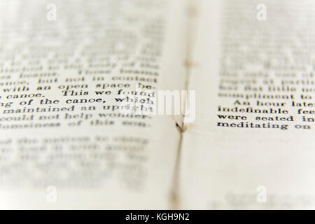 Öffnen Sie die Seite, die der alten, antiken Buch mit Text eingegeben. bedrucktes Papier mit Literatur Probe vintage Schrift Typografie, Stockfoto