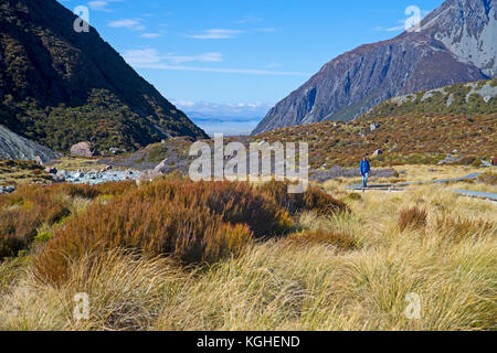 Wanderer auf der Hooker Valley Track in Aoraki/Mt Cook National Park Stockfoto