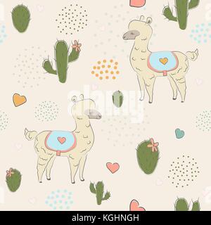Hand gezeichnet nahtlose Muster mit jungen Alpacas, Kakteen und Herzen auf dezente Hintergrund mit Punkten. Toll für Textil-, Gewebe-, Muster, Geschenkpapier, Seite Stock Vektor