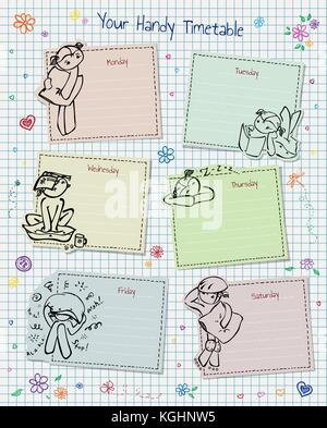 Zeitplan mit doodles, Herzen und Blumen, notebook Papier. Stock Vektor