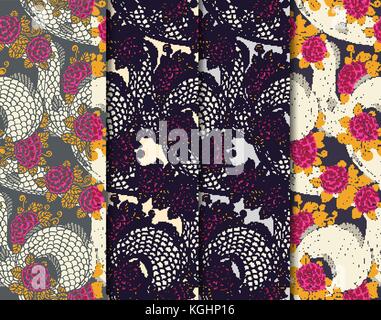 Vektor einrichten von nahtlosen Dragon und Rosen Texturen - traditionelle asiatische chinesische und japanische Ornamente in passende Paletten gesetzt, gebrauchsfertig Stock Vektor