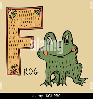 F für Frosch, Folk russischen lubok Stil Alphabet Stock Vektor