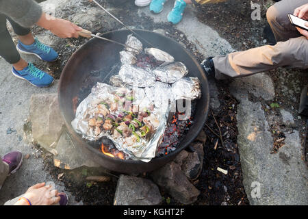Freunde Grillen an der Feuerstelle im Wald während der Wanderung Stockfoto