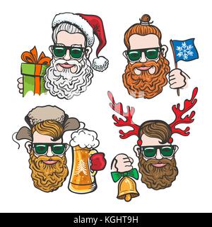 Hand gezeichneten Karikatur Hipster mit festliche Weihnachten Zubehör auf weißem Hintergrund. Vector Illustration Stock Vektor