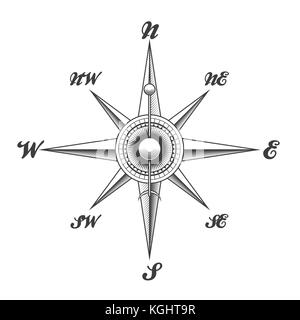 Windrose navigation Kompass in Gravur Stil auf weißem Hintergrund gezeichnet. Vector Illustration. Stock Vektor