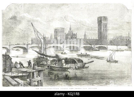 New Westminster Bridge & Palast zeigt Big Ben Uhrturm in Bau 1855 Stockfoto