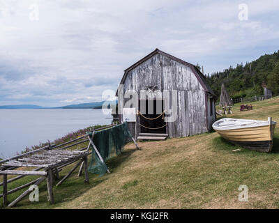 Gebäude in L'Anse Blanchette, Heimat von Xavier Blanchette, Forillon National Park, Gaspe Halbinsel, Kanada. Stockfoto