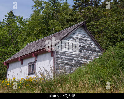 Gebäude in L'Anse Blanchette, Heimat von Xavier Blanchette, Forillon National Park, Gaspe Halbinsel, Kanada. Stockfoto