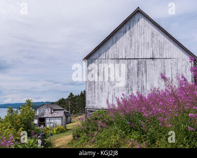 Gebäude in L'Anse Blanchette, Heimat von Xavier Blanchette, Forillon National Park, Gaspe Halbinsel, Kanada. Stockfoto