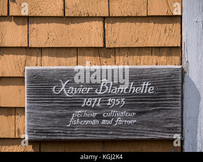 Typenschild bei L'Anse Blanchette, Heimat von Xavier Blanchette, Forillon National Park, Gaspe Halbinsel, Kanada. Stockfoto