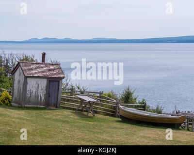 Gebäude in L'Anse Blanchette, Heimat von Xavier Blanchette, Forillon National Park, Gaspe Halbinsel, Kanada. Stockfoto