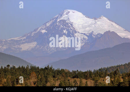 Gipfel des ruhenden Vulkan Mount Baker mit gemäßigten Regenwald im Vordergrund der Hafen von Anacortes im Bundesstaat Washington. Stockfoto