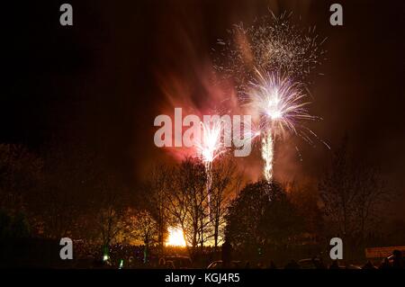 Feuerwerk über Bäume mit Lagerfeuer am heiligen Herzen Grundschule, Bushey, Hertfordshire, Großbritannien Stockfoto