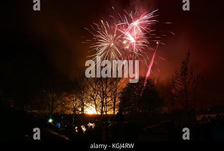 Feuerwerk über Bäume mit Lagerfeuer am heiligen Herzen Grundschule, Bushey, Hertfordshire, Großbritannien Stockfoto