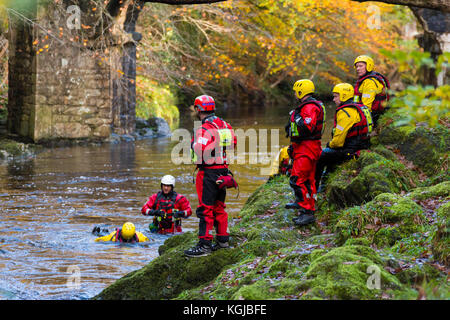 Holne Brücke, Dartmoor, Devon, Großbritannien. 8. November 2017. Mitglieder des Devon und Somerset Feuer- und Rettungsdienst eine Rescue Training in den Fluss Dart an holne Brücke auf Dartmoor in der Nähe von Ashburton in Devon. Photo Credit: Graham Jagd-/Alamy leben Nachrichten Stockfoto