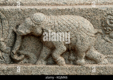 Skulptur von lebhaften Aktion der Elefant an der Wand des mahanavami Dibba an hampi, Karnataka, Indien, Asien Stockfoto