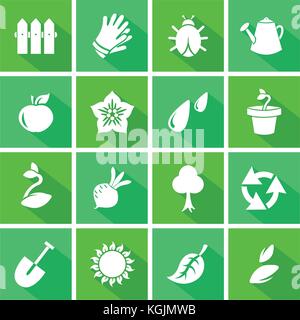 Vektor einrichten der Gartenarbeit flachbild Icons, große Sammlung von landwirtschaftlichen Zeichen mit Schatten in grünen Farben. Stock Vektor