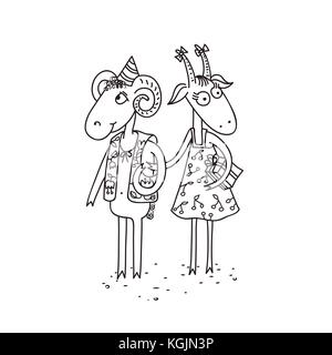 Vektor lustig Abbildung: Neues Jahr 2015 Zeichen - Symbole Tiere Schafe und Ziegen zu einer Party kommen mit präsentiert Stock Vektor