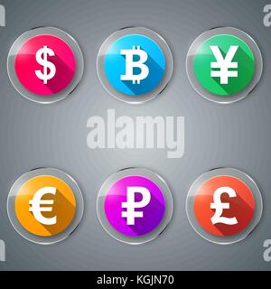 Bitcoin, Dollar, Yen, Euro, Rubel, Pfund Symbol. Stock Vektor