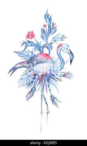 Aquarell Komposition mit exotischen Vogel, tropischen Pflanzen und Rosen in blau und rosa Farben auf weißem Hintergrund Stockfoto