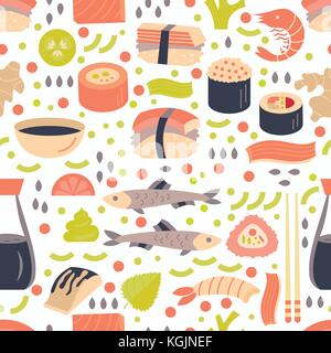 Japanisches Sushi und Sashimi nahtlose Muster enthalten. mit Nigiri sushi Sorten und Lachs-sashimi mit shiso Blätter, Sojasauce, Wasabi und Sticks. Stock Vektor