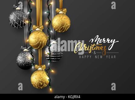 Weihnachten Grusskarten, Design von xmas Ball mit realistischen Girlanden auf dunklem Hintergrund Stock Vektor