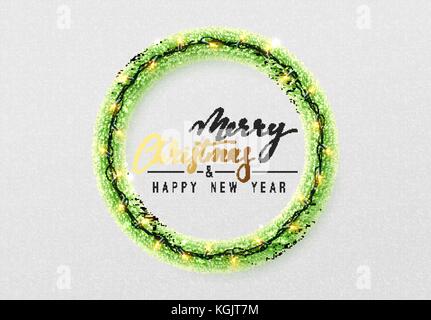 Strahlende Weihnachten Hintergrund. Design traditioneller Weihnachtsschmuck, grüne Lametta, helles Licht Girlanden. Stock Vektor