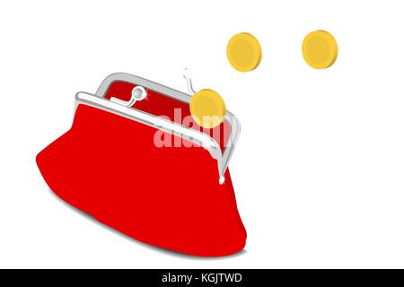 Goldene Münzen in rot Retro Tasche fallen. Dollar fallen in offenen Geldbeutel. Geld sparen Konzept. Vector Illustration Stock Vektor