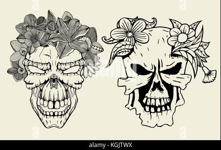 Eingestellt von Schädeln und Blumen Tag der Toten, vintage Vector Illustration Stock Vektor