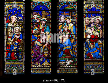 Krippe Glasmalerei, St. Maria Magdalena Kirche, Leintwardine, Herefordshire, England, Großbritannien Stockfoto