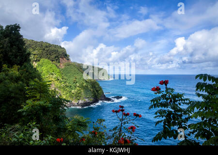 Hana Road ist eine lange, kurvenreiche, die in Kahului, hi und endet in Hana starten, Hi auf der Insel Maui, die Straße mit schönen Wasserfall, spektakuläre Stockfoto