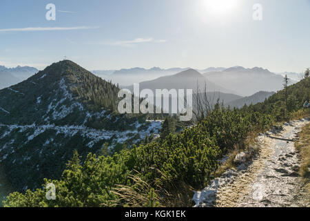 Panoramablick vom herzogstand mit der Berglandschaft im Hintergrund. Stockfoto