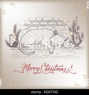 Vintage Christmas Card mit cat Schlafen auf dekorierten Kamin Mantel und Urlaub Bürste Schriftzug Stock Vektor