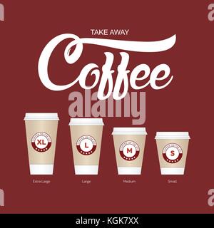 Kaffee auf der go Tassen. verschiedene Größen nehmen Sie Papier Kaffeetassen Vector Illustration. Stock Vektor