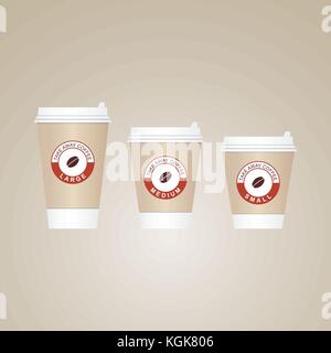 Kaffee auf der go Tassen. verschiedene Größen nehmen Sie Papier Kaffeetassen Vector Illustration. Stock Vektor