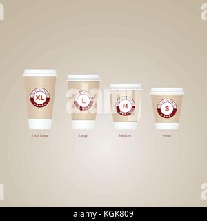 Kaffee auf der go Tassen. verschiedene Größen nehmen Sie Papier Kaffeetassen Vector Illustration. Stock Vektor