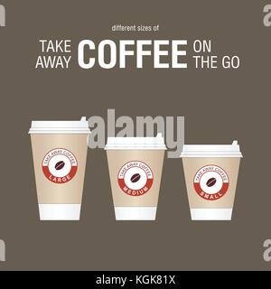 Kaffee auf der go Tassen. verschiedene Größen nehmen Sie Papier Kaffeetassen Vector Illustration. Stock Vektor