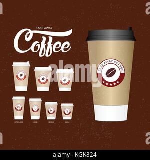 Kaffee auf der go Tassen. verschiedene Größen nehmen Sie Papier Kaffeetassen Vector Illustration. Stock Vektor