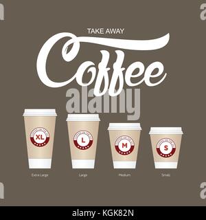 Kaffee auf der go Tassen. verschiedene Größen nehmen Sie Papier Kaffeetassen Vector Illustration. Stock Vektor