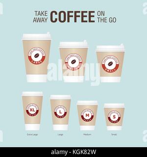 Kaffee auf der go Tassen. verschiedene Größen nehmen Sie Papier Kaffeetassen Vector Illustration. Stock Vektor