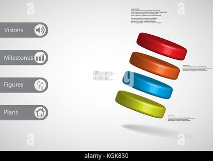3D-Illustration Infografik Vorlage mit dem Motiv des 4-Zylinder schief mit einfachen Zeichen und Mustertext auf Seite in Bars angeordnet. Hellgrau gr Stock Vektor
